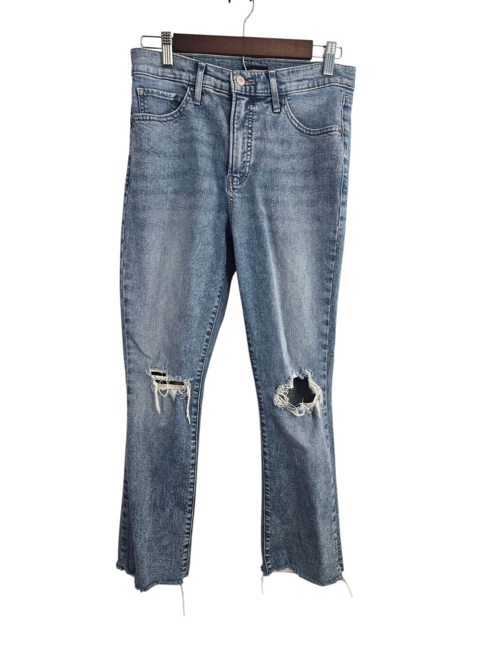Express Cropped Flare Jeans 4R High Rise Distressed Raw Hem Blue Denim